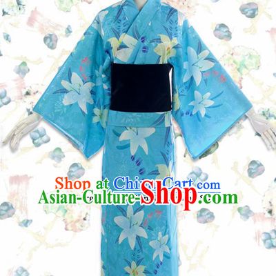 Japanese Traditional Cosplay Costumes Japan Kimono Blue Robe for Women