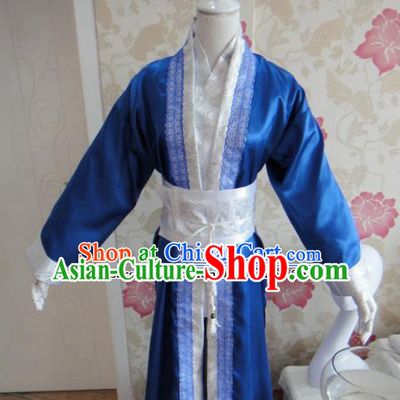 Chinese Traditional Cosplay Assassin Costumes Ancient Swordsman Blue Clothing for Men