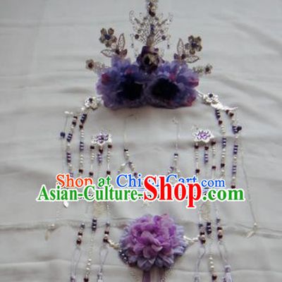 Chinese Traditional Classical Hair Accessories Ancient Princess Purple Flowers Phoenix Coronet Hairpins for Women