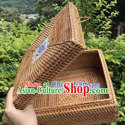 Asian Vietnamese Traditional Rattan Craft Artware Straw Plaited Square Storage Box