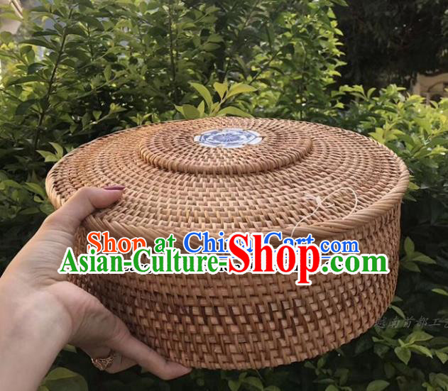 Asian Vietnamese Traditional Rattan Craft Artware Straw Plaited Round Storage Box Asian Vietnamese Traditional Rattan Craft Artware Straw Plaited Round Storage Box