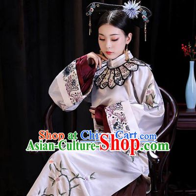 Chinese Ancient Palace Lady Embroidered Dresses Qing Dynasty Drama Manchu Imperial Consort Costumes and Headpiece Complete Set