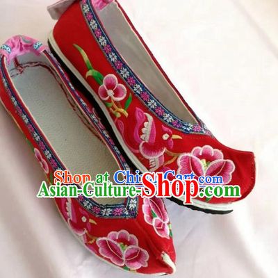 Chinese Traditional Hanfu Red Shoes Embroidered Shoes Handmade Cloth Shoes for Women