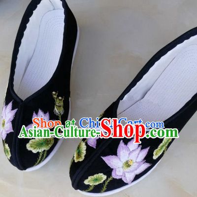 Chinese Traditional Hanfu Shoes Embroidered Lotus Shoes Handmade Cloth Shoes for Women