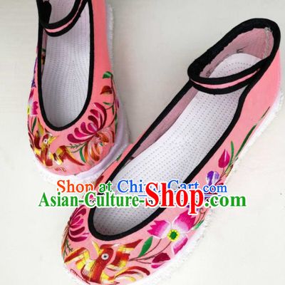 Chinese Traditional Hanfu Shoes Embroidered Shoes Handmade Pink Cloth Shoes for Women