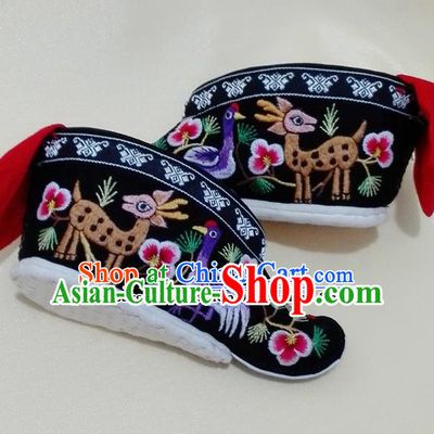 Chinese Traditional Hanfu Shoes Ancient Qing Dynasty Black Embroidered Shoes Handmade Shoes for Women