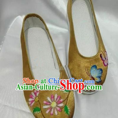 Chinese Traditional Hanfu Shoes Embroidered Peony Shoes Handmade Golden Satin Shoes for Women