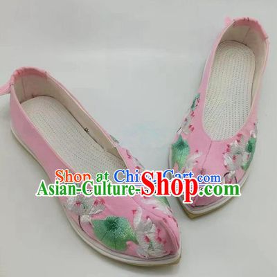 Chinese Traditional Hanfu Shoes Embroidered Lotus Shoes Handmade Pink Cloth Shoes for Women