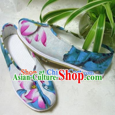Chinese Traditional Hanfu Shoes Printing Lotus Shoes Handmade Cloth Shoes for Women