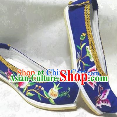 Chinese Traditional Hanfu Shoes Embroidered Royalblue Shoes Handmade Cloth Shoes for Women