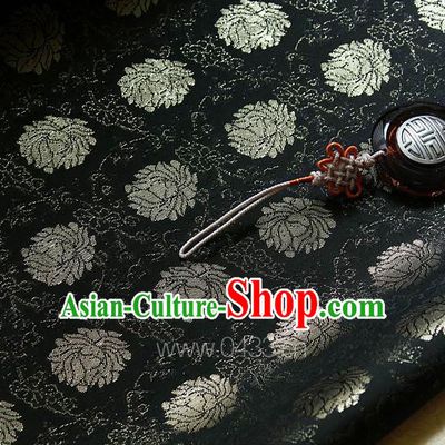 Traditional Asian Classical Lotus Pattern Cloth Drapery Black Brocade Korean Hanbok Palace Satin Silk Fabric