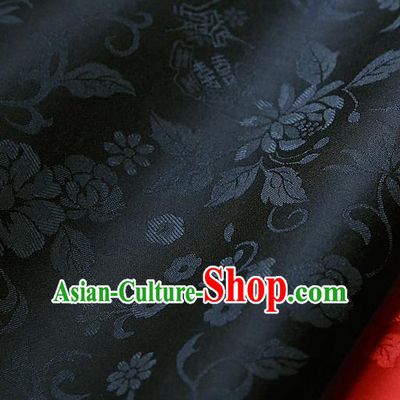 Traditional Asian Classical Flowers Pattern Cloth Drapery Black Brocade Korean Hanbok Palace Satin Silk Fabric
