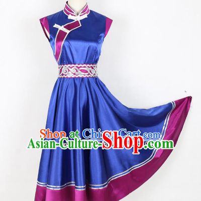 Chinese Mongolian Ethnic Minority Blue Dress Traditional Mongol Nationality Folk Dance Costume for Women