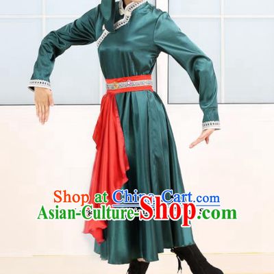 Chinese Mongolian Ethnic Minority Green Dress Traditional Nationality Folk Dance Costume for Women