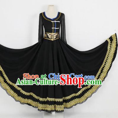 Chinese Mongolian Ethnic Minority Black Dress Traditional Nationality Folk Dance Costume for Women