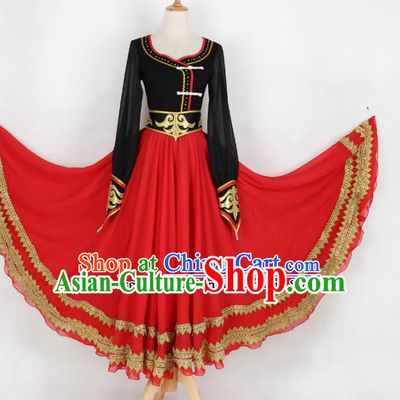 Chinese Mongolian Ethnic Minority Red Dress Traditional Nationality Folk Dance Costume for Women