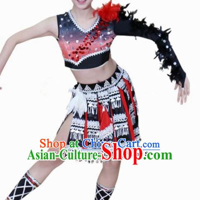 Chinese Ethnic Minority Dress Traditional Wa Nationality Folk Dance Costume for Women