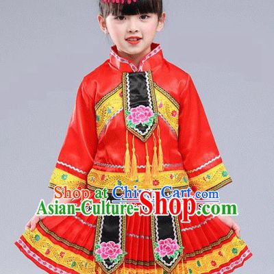 Chinese Traditional Miao Nationality Folk Dance Red Pleated Skirt Ethnic Dance Embroidered Costumes for Kids