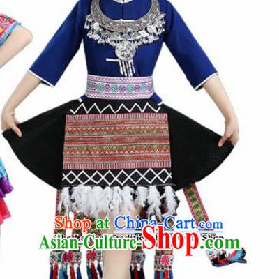Chinese Hmong Ethnic Minority Royalblue Dress Traditional Miao Nationality Folk Dance Costumes for Women