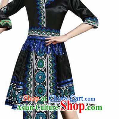 Chinese Hmong Ethnic Minority Black Dress Traditional Li Nationality Folk Dance Costumes for Women
