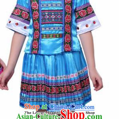 Chinese Traditional Yao Nationality Folk Dance Blue Dress Ethnic Dance Costumes for Kids
