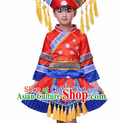 Chinese Traditional Zhuang Nationality Folk Dance Red Dress Ethnic Dance Costumes for Kids