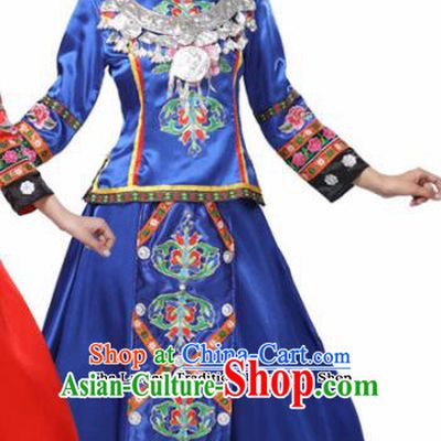 Chinese Hmong Ethnic Minority Royalblue Dress Traditional Dong Nationality Folk Dance Costumes for Women