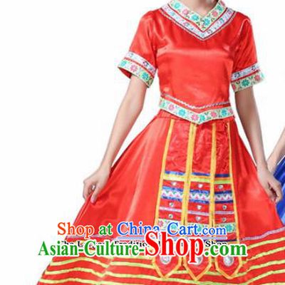Chinese Ethnic Minority Red Dress Traditional Zhuang Nationality Folk Dance Costumes for Women