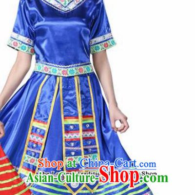 Chinese Ethnic Minority Blue Dress Traditional Zhuang Nationality Folk Dance Costumes for Women