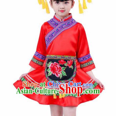 Chinese Traditional Zhuang Nationality Folk Dance Red Dress Ethnic Dance Costumes for Kids