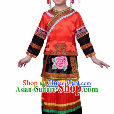 Chinese Traditional Yi Nationality Folk Dance Red Dress Ethnic Dance Costumes for Kids