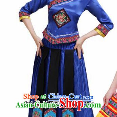 Chinese Yi Ethnic Minority Royalblue Embroidered Dress Traditional Zhuang Nationality Folk Dance Costumes for Women