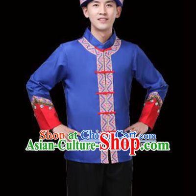 Chinese Traditional Miao Nationality Folk Dance Clothing Ethnic Dance Embroidered Blue Costumes for Men