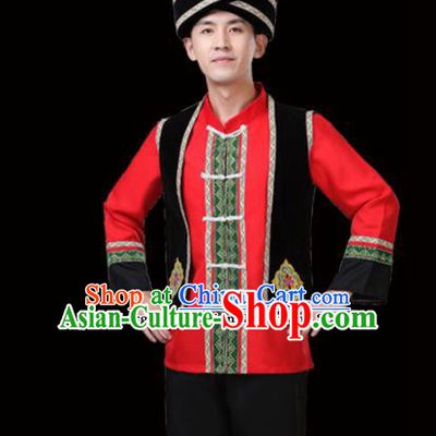 Chinese Traditional Miao Nationality Folk Dance Clothing Ethnic Dance Embroidered Red Costumes for Men