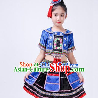 Chinese Traditional Yao Nationality Folk Dance Blue Dress Ethnic Dance Costumes for Kids