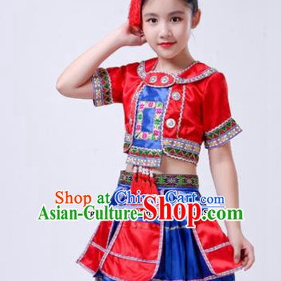 Chinese Traditional Yao Nationality Folk Dance Red Dress Ethnic Dance Costumes for Kids