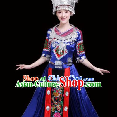 Chinese Miao Ethnic Minority Royalblue Embroidered Dress Traditional Nationality Folk Dance Costumes for Women