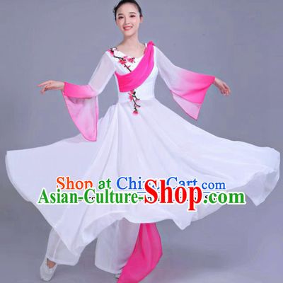Chinese Traditional Folk Dance Costumes Classical Dance Umbrella Dance White Dress for Women