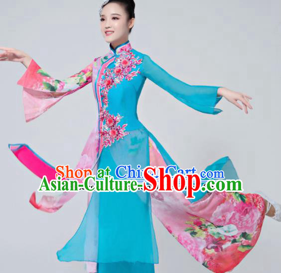Chinese Traditional Folk Dance Costumes Classical Dance Umbrella Dance Blue Dress for Women Chinese Traditional Folk Dance Costumes Classical Dance Umbrella Dance Blue Dress for Women