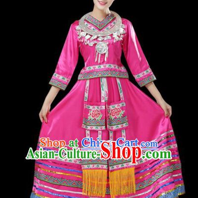 Chinese Hmong Ethnic Minority Pink Dress Traditional Miao Nationality Folk Dance Costumes for Women