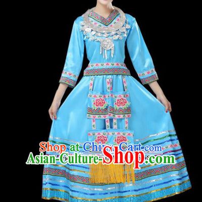 Chinese Hmong Ethnic Minority Blue Dress Traditional Miao Nationality Folk Dance Costumes for Women