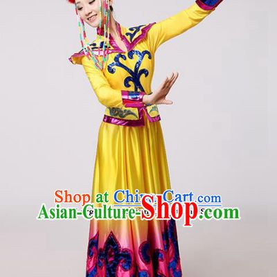 Chinese Traditional Mongolian Minority Folk Dance Yellow Dress Mongols Ethnic Dance Costumes for Women