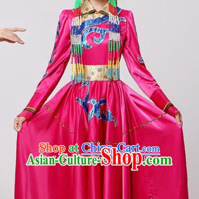 Chinese Traditional Mongolian Minority Folk Dance Rosy Dress Mongols Ethnic Dance Costumes for Women