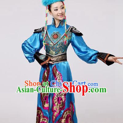 Chinese Traditional Mongolian Minority Blue Dress Mongols Ethnic Folk Dance Costumes for Women