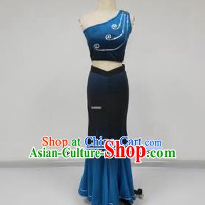Chinese Traditional Dai Minority Blue Dress Ethnic Folk Dance Peacock Dance Costumes for Women