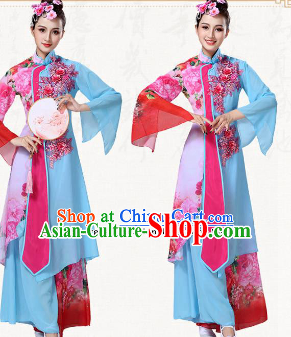 Chinese Traditional Classical Dance Group Dance Blue Dress Umbrella Dance Costumes for Women Chinese Traditional Classical Dance Group Dance Blue Dress Umbrella Dance Costumes for Women