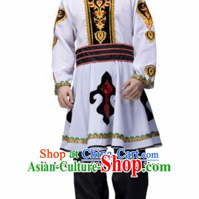 Chinese Traditional Mongolian Minority Folk Dance Clothing Mongol Ethnic Dance White Costumes for Men