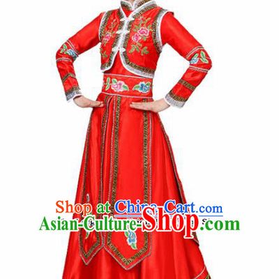 Chinese Traditional Mongolian Minority Folk Dance Red Dress Mongols Ethnic Dance Costumes for Women