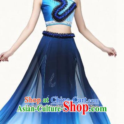 Chinese Traditional Classical Dance Blue Dress Group Dance Umbrella Dance Costumes for Women