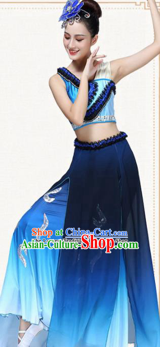 Chinese Traditional Classical Dance Blue Dress Group Dance Umbrella Dance Costumes for Women Chinese Traditional Classical Dance Blue Dress Group Dance Umbrella Dance Costumes for Women